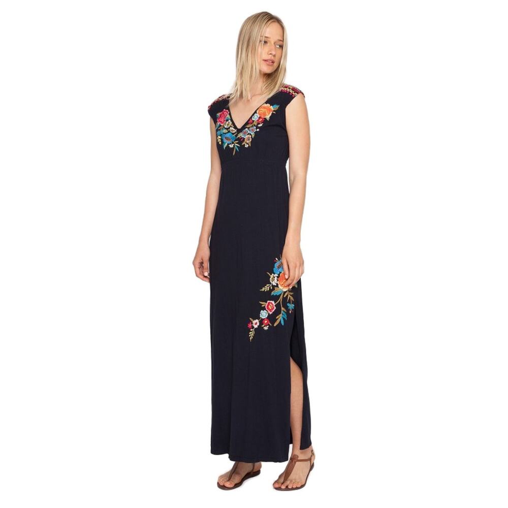 JOHNNY WAS LUCIA DRESS SIDE SLIT JWLA Black Size Medium Cotton Floral Embroider
